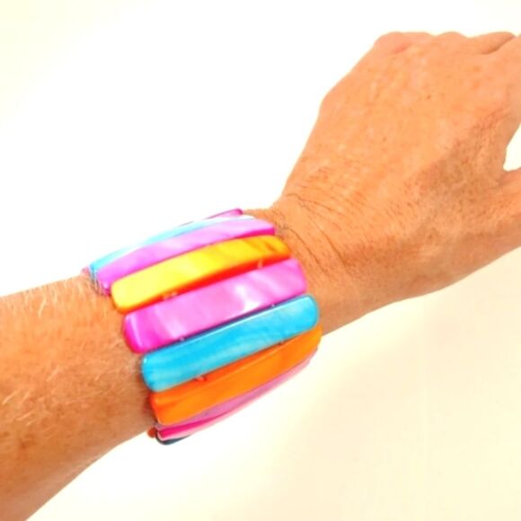 Abalone Shell Colorful Bracelet Stretch Wide Cuff Elastic Rainbow Colorful - Picture 1 of 9